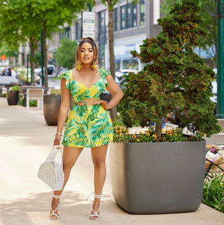LEAF PRINT LAYERED MINI DRESS