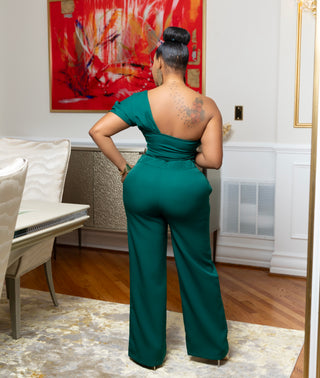Hunter green One Shoulder Draped Top With Long Pants