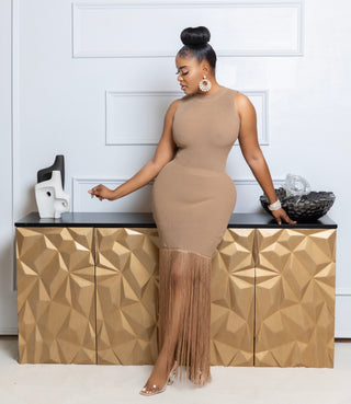 Tina taupe fringe stretchy dress