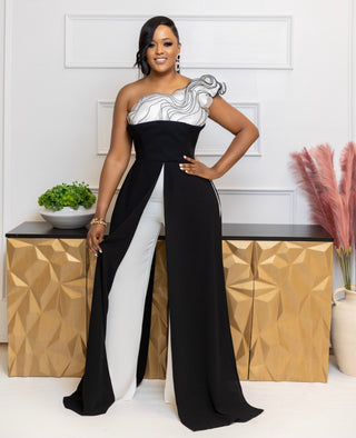 FAENA BLACK WHITE OVERLAY WIDE LEGS JUMPSUIT