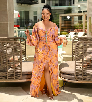 RUCHED PRINT OFF SHOULDER MAXI DRESS