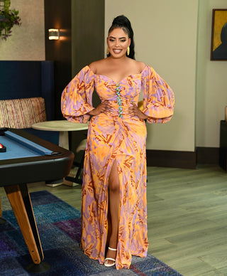 RUCHED PRINT OFF SHOULDER MAXI DRESS