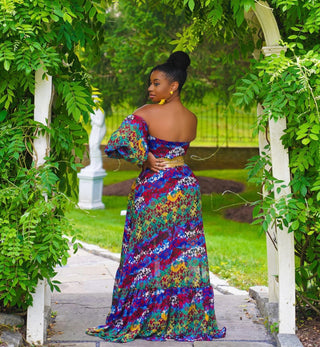 KEVI VIBRANT PUFF SLEEVES TRIBAL PRINT MAXI DRESS ( PLUS SIZES )