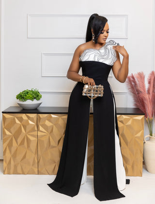 FAENA BLACK WHITE OVERLAY WIDE LEGS JUMPSUIT