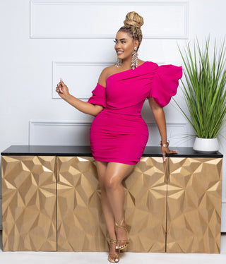 Amine One Shoulder Asymmetrical Short Sleeve Pink Mini Dress