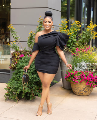Amine One Shoulder Asymmetrical Short Sleeve Mini Dress ( BLACK)