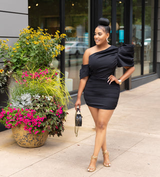 Amine One Shoulder Asymmetrical Short Sleeve Mini Dress ( BLACK)