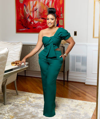Hunter green One Shoulder Draped Top With Long Pants