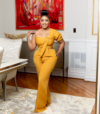 Mustard One Shoulder Draped Top With Long Pants