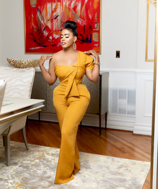 Mustard One Shoulder Draped Top With Long Pants