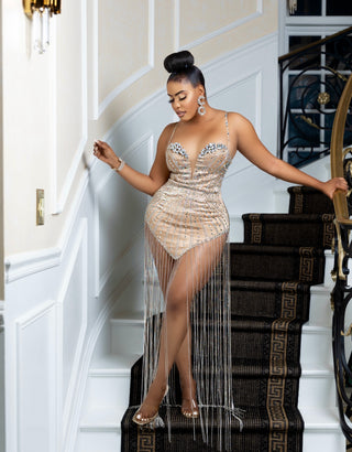 Nude Ivon Satin Rhinestone Mini Dress