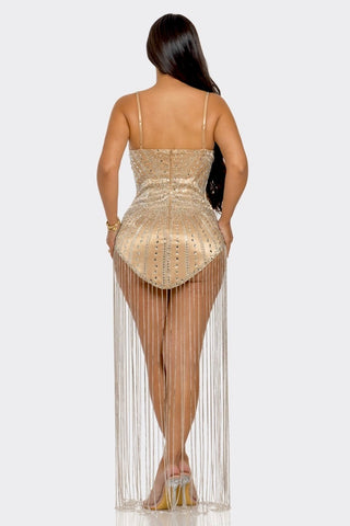 Nude Ivon Satin Rhinestone Mini Dress