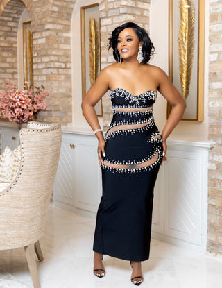 REGALA BLACK RHINESTONES CUT-OUT STRAPLESS DRESS