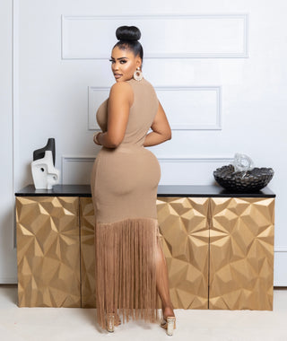 Tina taupe fringe stretchy dress