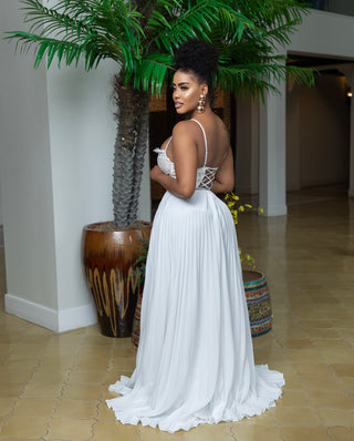 LACE BUSTIER PLEATED WHITE MAXI DRESS