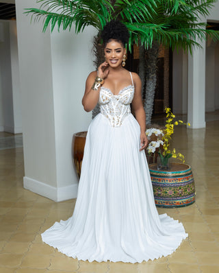 LACE BUSTIER PLEATED WHITE MAXI DRESS