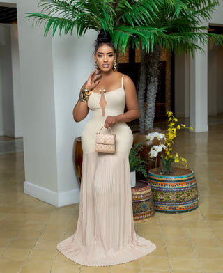 PEARL KNIT CHIFFON PLEATED MAXI DRESS
