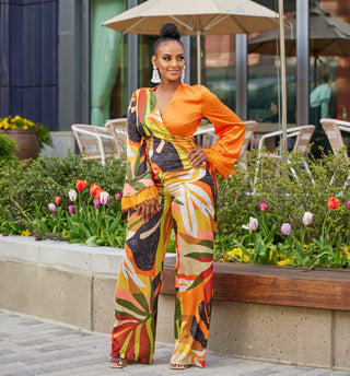 AISHA FEATHER CUFFS SELF-TIE BLOUSE & WIDE PANTS SUIT SET