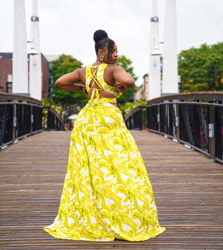 Yellow lime Leaf Print Dramatic Wood Buckle Dress