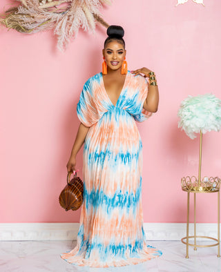 DEEP V NECK PLEATED TIE DYE MAXI DRESS