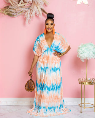 DEEP V NECK PLEATED TIE DYE MAXI DRESS