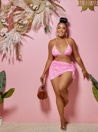 Pink monogram bikini and skirt Three piece set
