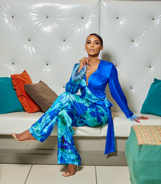 AISHA FEATHER CUFFS SELF-TIE BLOUSE & WIDE PANTS SUIT SET