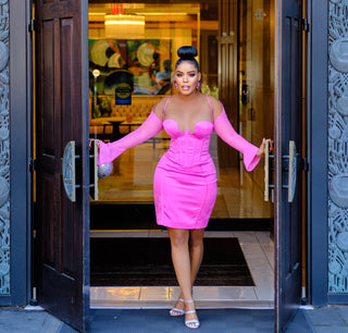 Penina Pink Mesh Sleeve Satin Corset Dress
