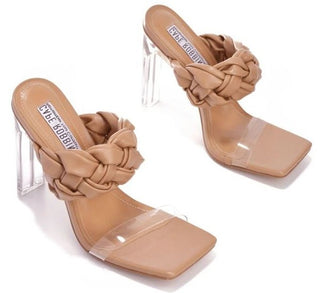BRAIDED WOVEN CLEAR PVC HEELED MULES