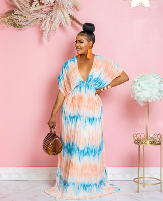 DEEP V NECK PLEATED TIE DYE MAXI DRESS