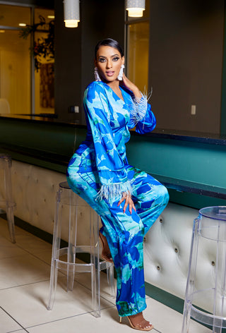 AISHA FEATHER CUFFS SELF-TIE BLOUSE & WIDE PANTS SUIT SET