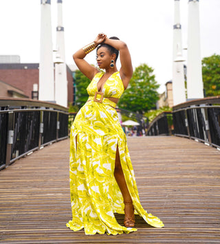 Yellow lime Leaf Print Dramatic Wood Buckle Dress
