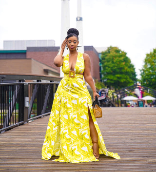 Yellow lime Leaf Print Dramatic Wood Buckle Dress