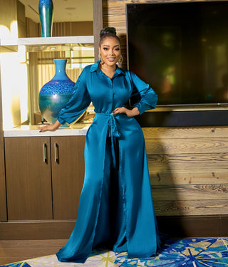 LUXURY SATIN SHIRT AND PANTS SET (BLUE )