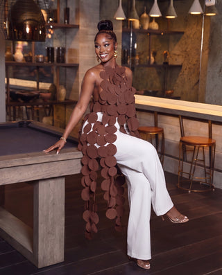 Brown circle cutout halter top