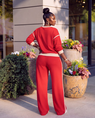Red Contrast trim piping sweater set
