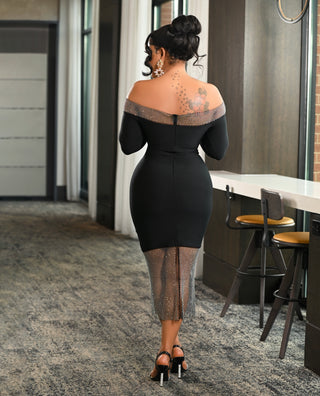 Lucica Off Shoulder Diamante Mesh Midi Bandage Dress