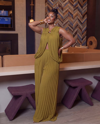 Lavish Pleated Halter Palazzo Pants Set