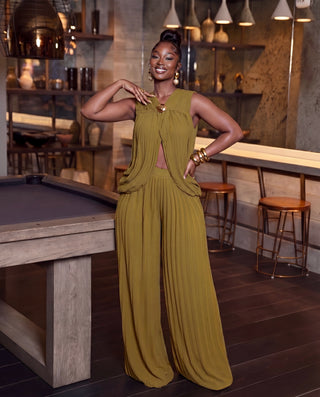 Lavish Pleated Halter Palazzo Pants Set