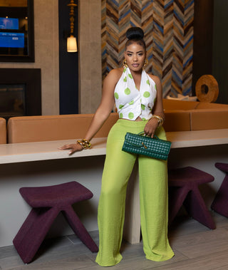 Lime Dot Printed Halter Neck Top with Solid Pants