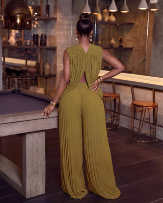Lavish Pleated Halter Palazzo Pants Set