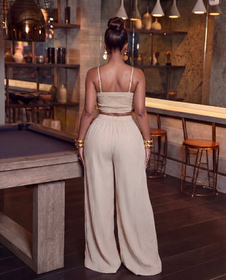 Seashell Halter Top And Crinkle Wide Leg Pants Set
