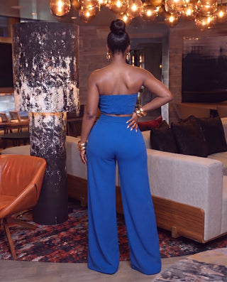 Blue Flower Applique Pants Set