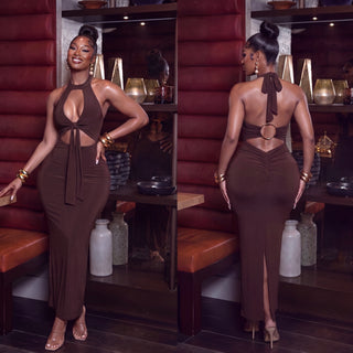 Brown Stunning Entrance In This Exquisite Halter Maxi Dress