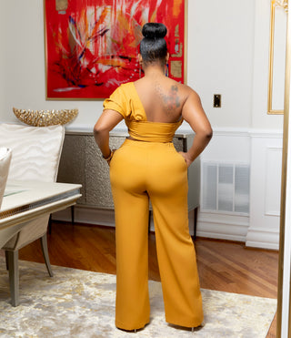 Mustard One Shoulder Draped Top With Long Pants