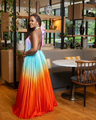 MULTI COLOR PLEATED MAXI DRESS WITH OPEN BACK