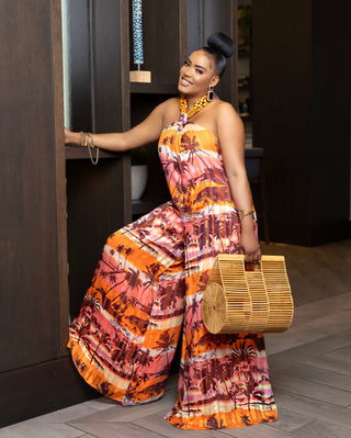 BELIZE BEADED HALTER FLOWY WIDE LEG JUMPSUIT