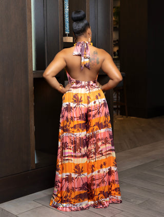 BELIZE BEADED HALTER FLOWY WIDE LEG JUMPSUIT