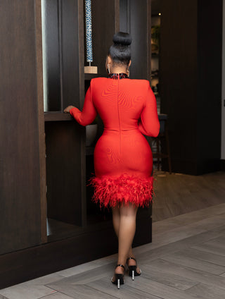 JUEL RHINESTONE CUTOUT FEATHER BANDAGE DRESS IN RED