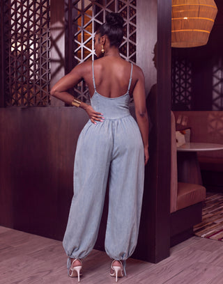 Denim Plunge Neck Corset Top Balloon Pants Jumpsuit